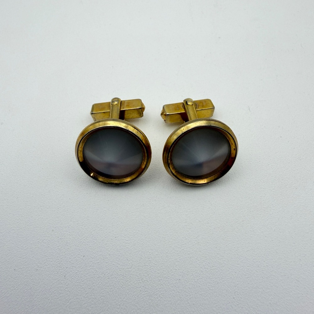 Anson Cufflinks Mens Gold tone Grey Cats Eye Vintage Mid Century Round Toggle